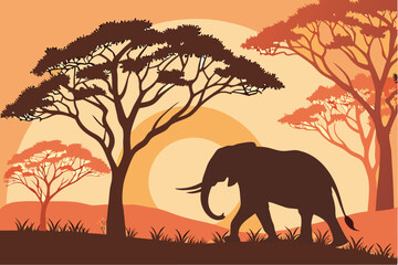 Fototapeta premium A silhouette of an elephant walking in a savanna landscape with trees and a warm sunset background scene