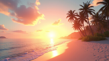 Tropical Beach Sunset with Palm Trees and Serene Ocean Waves