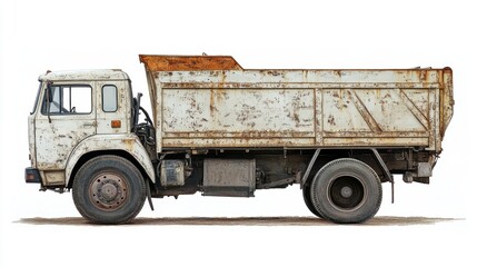 Rusty old dump truck isolated on white background.