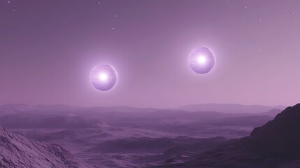 Abstract landscape with glowing spheres in purple sky