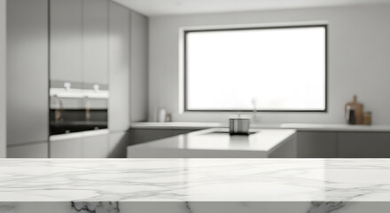 A marble countertop in a modern kitchen with blurred background