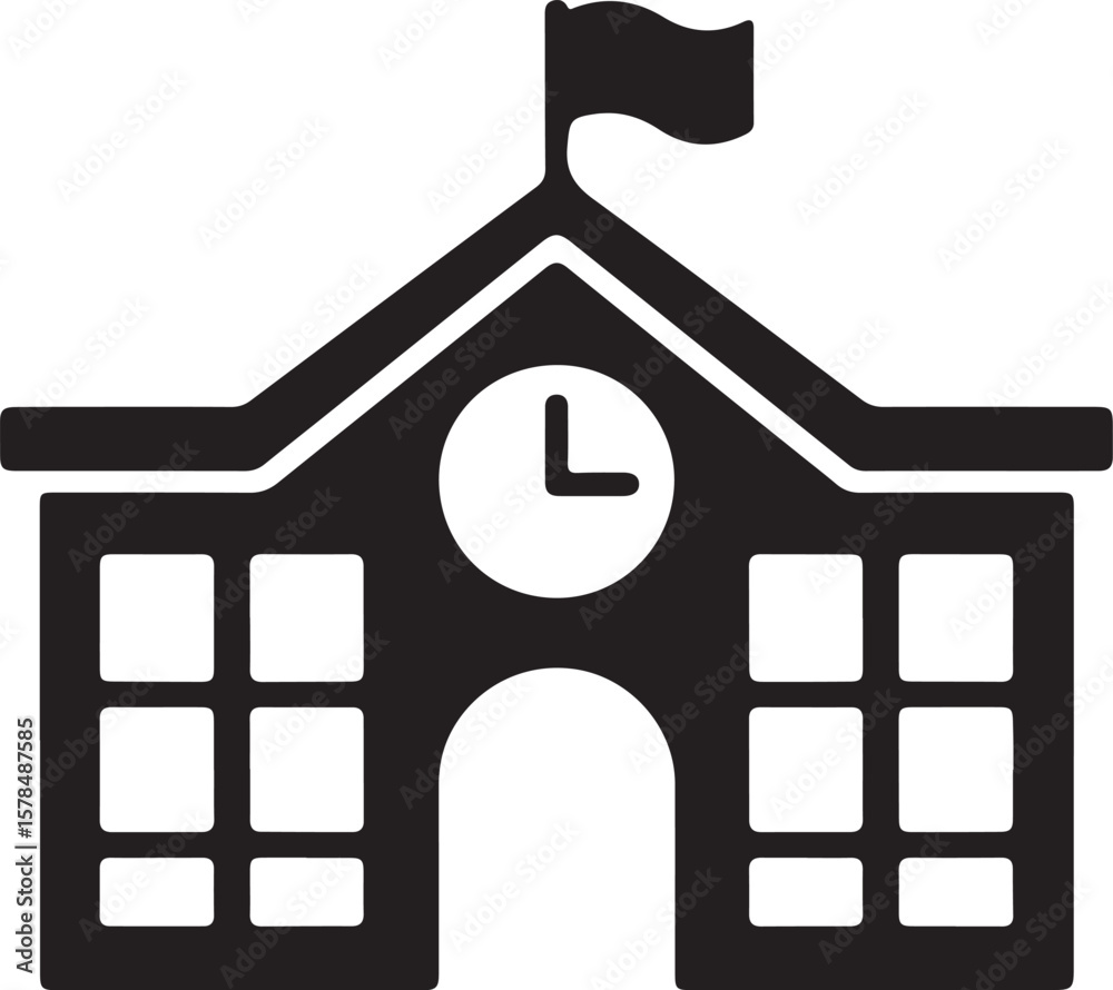 Fototapete school building with clock and flag flat icon for apps and websites