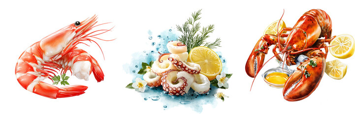 Artistic seafood set featuring shrimp, octopus rings, and lobster with lemon and herbs for culinary and gourmet themes