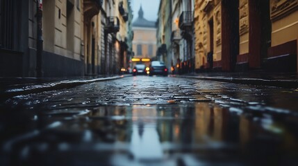 Urban street scene on a wet day