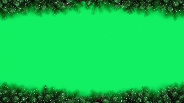 Christmas Border Green Screen: Festive green screen, perfect for adding custom content, framed with evergreen boughs and shimmering snowfall creating a harmonious composition. 