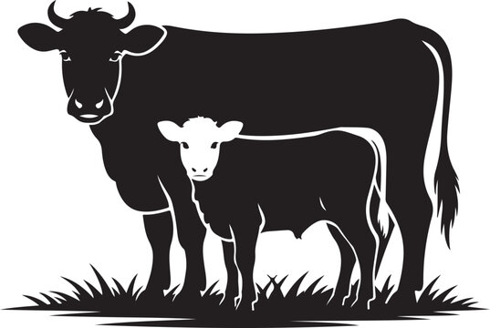 Silhouetted cow and calf in grassy field