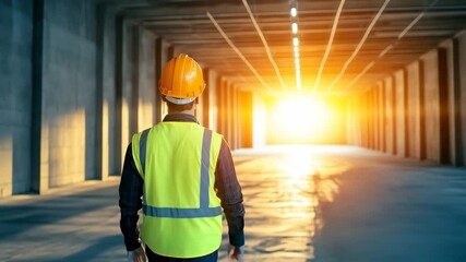 A construction worker walks towards a bright light at the end of a long tunnel, symbolizing progress and a new future.
