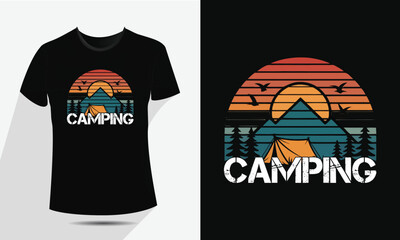 Minimal Line Art Camping and Mountain T-Shirt Design – Vector Outdoor Adventure Graphic with Tent, Campfire, Trees, and Moon – Vintage Hiking Badge for Apparel