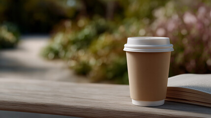 A disposable coffee cup on a park bench next to a forgotten book