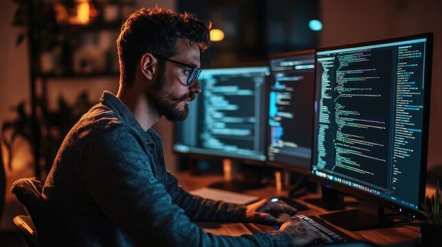 Software engineer coding on a laptop with dual-monitor setup