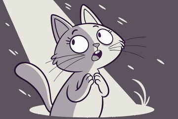 Fototapeta premium Cartoon cat with surprised expression looking up in a spotlight with whiskers and tail visible