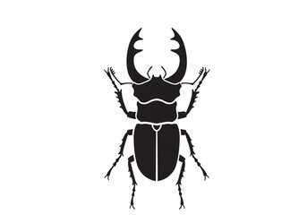 Fototapeta premium A black silhouette of a stag beetle with large mandibles on a plain white background illustration
