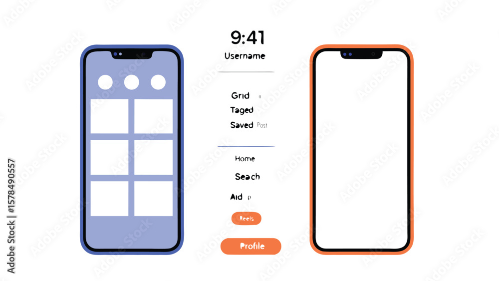 Wall mural instagram profile screen mockup with grid layout and navigation menu in flat mobile app interface de