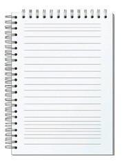 A blank spiral notebook with lined paper is isolated on transparent background