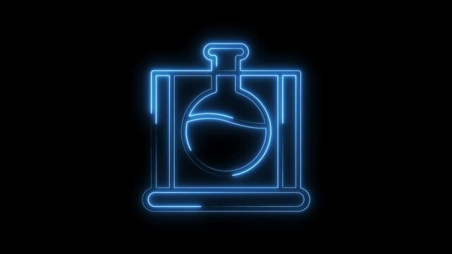 Neon glowing laboratory flask with blue outline against black background,chemical experiment simulation