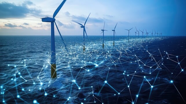Digital twin of offshore wind farm managed by AI simulating weather impacts, power yield forecasts, and turbine maintenance schedules for optimal output
