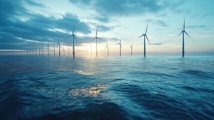 Digital twin of offshore wind farm managed by AI simulating weather impacts, power yield forecasts, and turbine maintenance schedules for optimal output