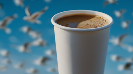 Coffee Cup in Slow Motion with Birds in Morning Park Sky