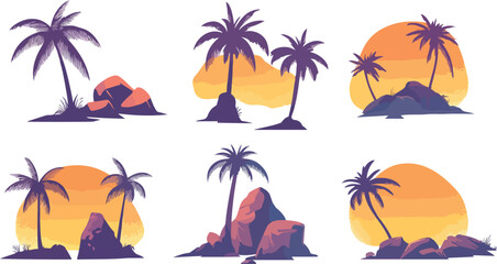 Fototapeta premium Tropical Palm Tree Silhouettes with Sunset Backgrounds Vector Illustration Set