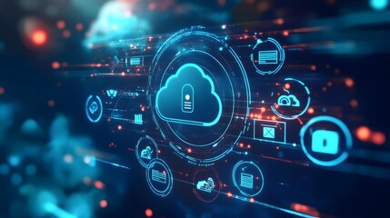 Obraz premium A futuristic cloud computing concept showcasing digital security, data protection, and interconnected devices