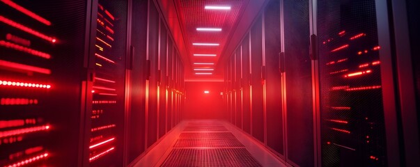 Fototapeta premium A futuristic data center corridor illuminated by red lights, showcasing advanced server technology in a high-tech environment