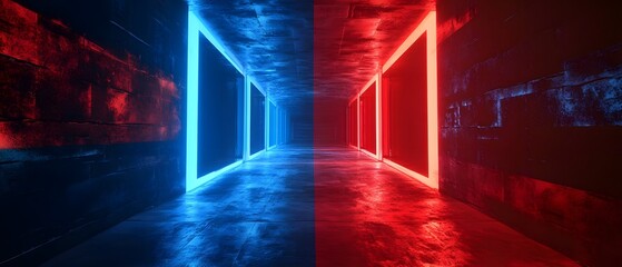A futuristic corridor illuminated by vibrant blue and red neon lights