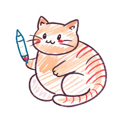 Obraz premium Crayon style icon of a chubby cat sitting with curled tail, hand-drawn lines with visible crayon strokes.