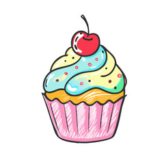 Crayon style line icon of a cute cupcake with frosting and cherry on top, hand-drawn texture, colorful and playful.