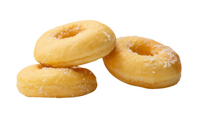 Side view of three brown sugar glazed cinnamon donuts in stack isolated with clipping path in png...