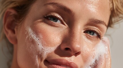 Woman Face Wash with Foam Close Up