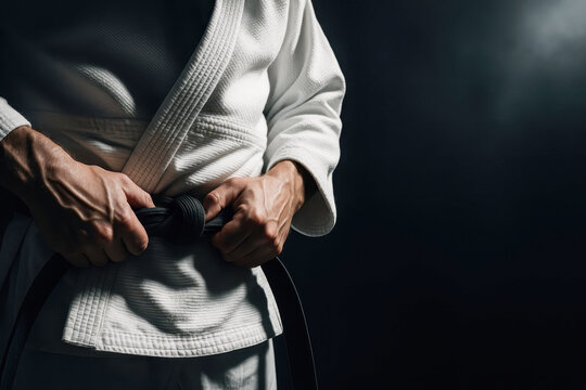 Person wearing white ju jitsu uniform tightly holds black belt with strong hands showing determination and focus in dark training environment