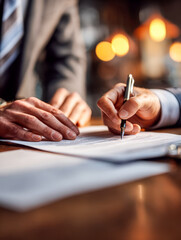 Business signing of a formal agreement or contract in a professional setting