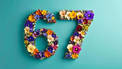 Number 67 made out of flowers with colored background. Photo for 67th birthday or anniversary party