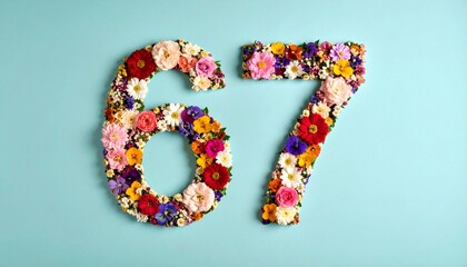 Number 67 made out of flowers with colored background. Photo for 67th birthday or anniversary party