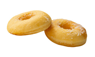 Side view of two brown sugar glazed cinnamon donuts in stack isolated on white background with...