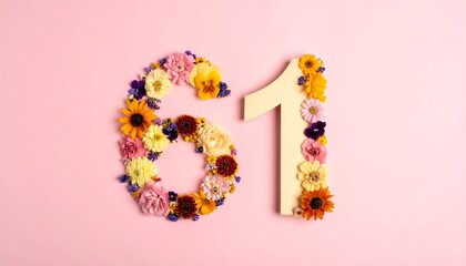 Number 61 made out of flowers with colored background. Photo for 61st birthday or anniversary party