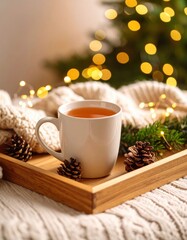 Hot Tea Mug on Cozy Blanket With Christmas Lights