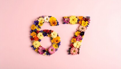 Number 67 made out of flowers with colored background. Photo for 67th birthday or anniversary party