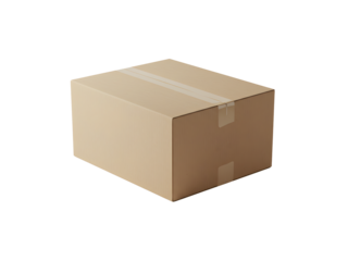 Cardboard box sealed with tape, isolated on transparent background with shadow — perfect for warehouse, shipping, packaging, delivery, e-commerce, and logistics mockups or designs.