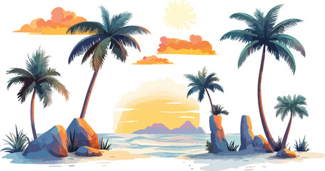 Obraz premium Tropical beach paradise with palm trees rocks and a beautiful sunset