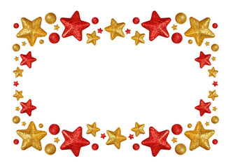 Festive frame of gold and red Christmas tree decorations in the form of stars and balls. Frame...