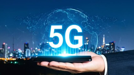 Innovative 5G technology showcased with a digital globe and cityscape backdrop - Powered by Adobe