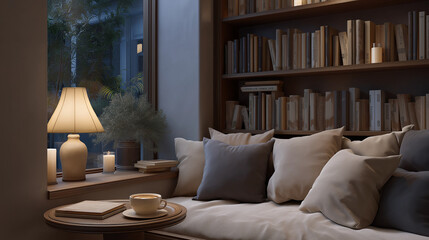 Cozy bookstore cafe corner with books, pillows, and coffee