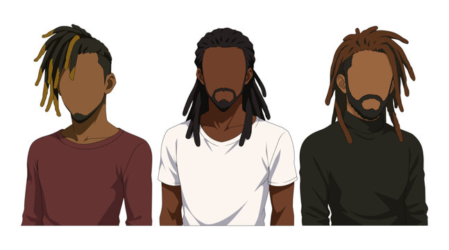 Set vector illustrations bearded black man with cornrow. Gentleman portrait cartoon with unique hairstyle. Stylish black male in dreadlocks style. Flat avatar face with various haircut.