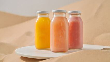 Three pastel juice bottles; advertising mockup; showcase product; minimalist desert scene.