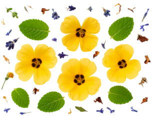 Damiana Blossoms in Natural Herbal Arrangement, Top-Down Flat Lay, Transparent Background