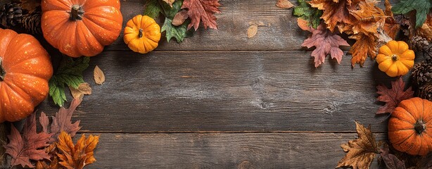Rustic autumn arrangement of pumpkins, leaves, and pinecones on a wooden surface