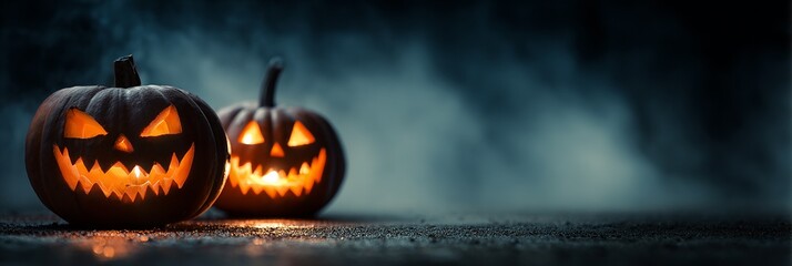 Spooky Halloween Jack O Lanterns glowing in the dark with foggy background
