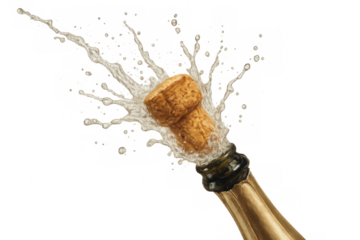 Champagne bottle popping its cork with sparkling wine splashing everywhere, isolated on transparent background