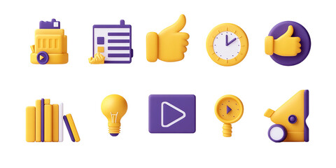 Collection of 3d render icons isolated on transparent background representing various concepts